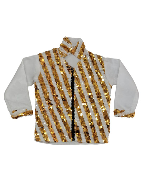BookMyCostume White & Golden Sequin Western Dance Costume for Boys | Stylish Shiny Full Sleeve Shirt and Pant Set with Zipper Closure | Dance Costume for Boys | Fancy Dress for Boys